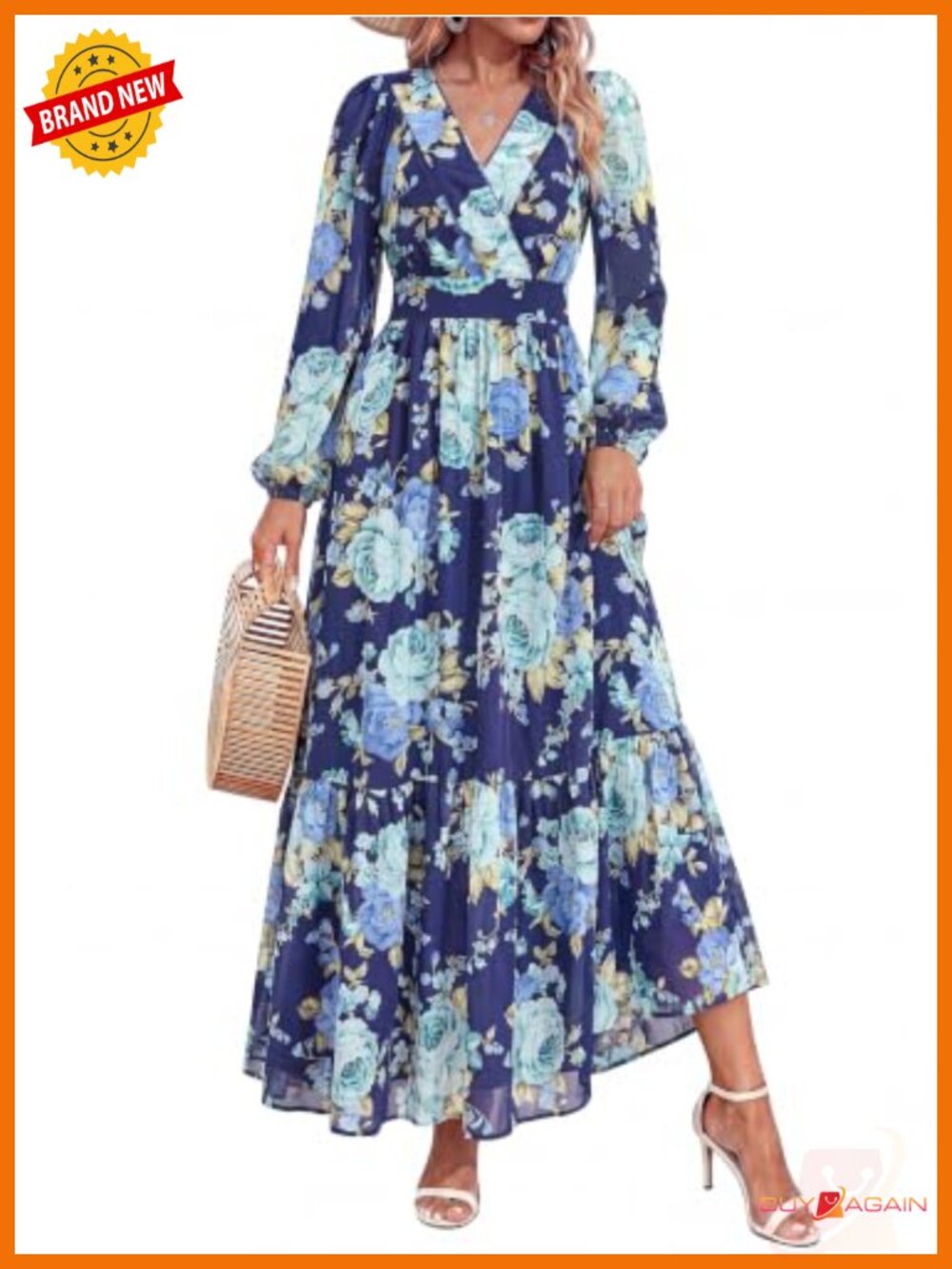 Women Long Sleeve Wrap V Neck Floral Boho Maxi Dress Belted Chiffon